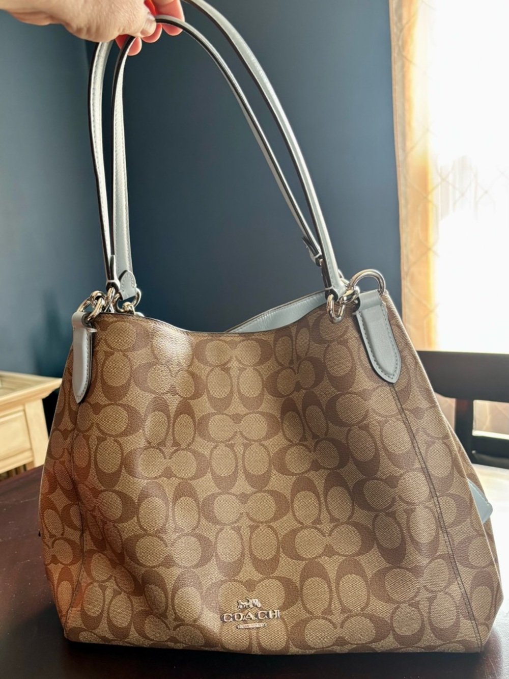 Coach Large Signature Canvas Shoulder Bag with Light Blue Trim - Picture 9 of 11